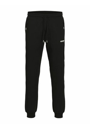Pantalons de jogging noirs en tissu doux, avec une taille à cordon de serrage, des poches zippées et des poignets côtelés. Logo imprimé sur le devant.
