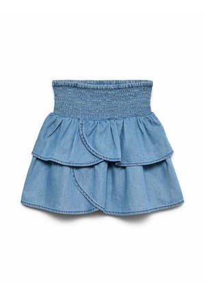 Donkerblauwe denim mini-rok met een elastische geplooide tailleband en een gelaagde ruches zoom.