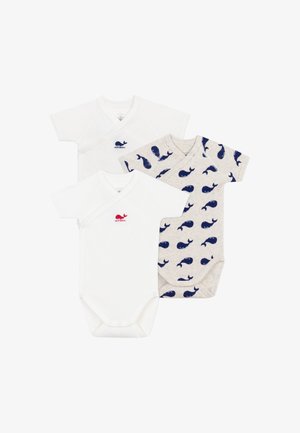 Drei Babybodys: zwei weiße Bodys mit roten und blauen Wal-Logos und einer beige mit einem blauen Wal-Muster. Alle haben kurze Ärmel und Druckknopfverschlüsse.