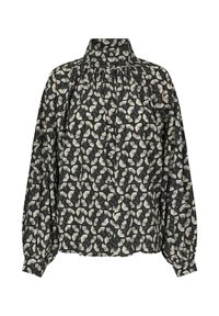 Črna bluza z dolgimi rokavi, ki ima visok ovratnik in naberke, okrašena z belim vzorcem listov po celotni površini. Mehka tekstura blaga.