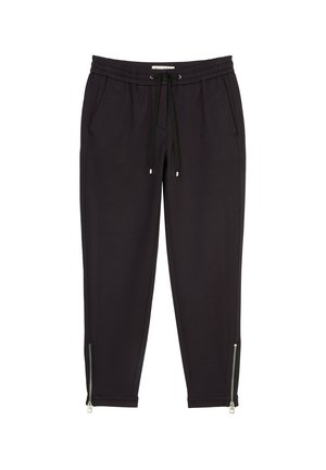 Black jogger pants with a fitted design, elastic waistband, drawstring, and zippers at the ankles for adjustability. Soft fabric texture.