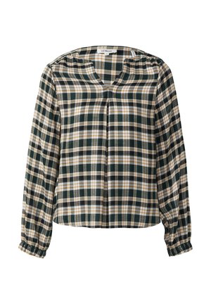 Camisa de cuadros de manga larga con colores verde, beige y negro, de corte relajado, escote en pico y puños fruncidos. Textura de tela suave.