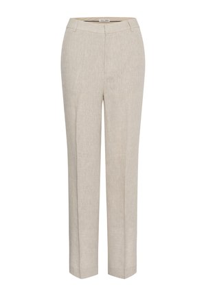Beige broek met rechte pijpen, broekriemlussen, voorzakken en een getailleerde tailleband.