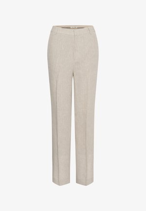 Beige broek met rechte pijpen, broekriemlussen, voorzakken en een getailleerde tailleband.