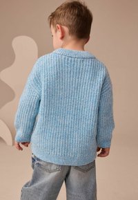 Jasnoniebieski sweter z dzianiny o teksturowanym, żeberkowym wzorze, z dekoltem w kształcie litery V i luźnymi rękawami. Zestawiony z jasnymi dżinsami.