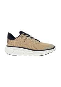 Scarpa da corsa leggera con tomaia in rete beige e nera, design texturizzato e suola bianca chunky. Presenta lacci e dettagli neri.