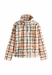 Pulover din fleece cu guler cu fermoar la jumătate, având un model în carouri multicolore în nuanțe de roz, albastru, verde și portocaliu pe un fundal crem.
