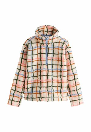 Fleece-Pullover mit einem halben Reißverschlusskragen, der ein mehrfarbiges Karomuster in Pink, Blau, Grün und Orange auf einem cremfarbenen Hintergrund zeigt.