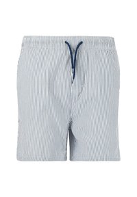 Randiga badshorts i ljusblått och vitt, med ett elastiskt midjeband och en marinblå dragsko, samt sidofickor.