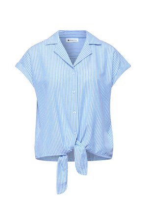 Blouse à manches courtes à rayures verticales bleues et blanches avec col, boutonnage sur le devant et détail noué à l'avant.
