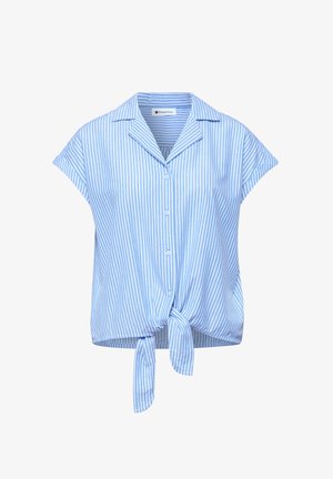 Blouse à manches courtes à rayures verticales bleues et blanches avec col, boutonnage sur le devant et détail noué à l'avant.