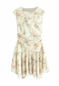 Blumenkleid mit hellgelbem Grund, das einen sanft gerafften Oberteil und einen weit schwingenden, plissierten Rock aufweist. Akzente von rosa und blauen Blumen sind überall verteilt.