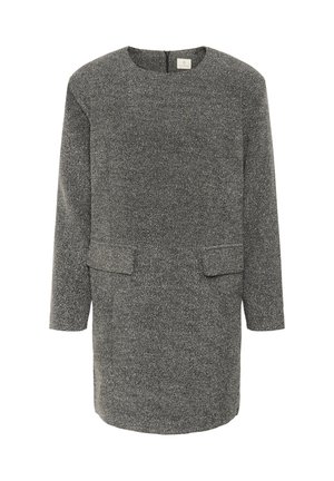 Robe grise à manches longues en mélange de laine texturée, avec encolure ronde et deux poches avant à rabat.