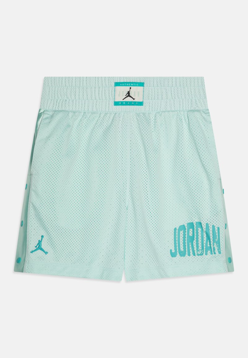 Shorts en maille vert menthe avec une taille élastique. Présente un logo rétro et "JORDAN" imprimé en turquoise vif. Comprend des boutons-pression sur les côtés.