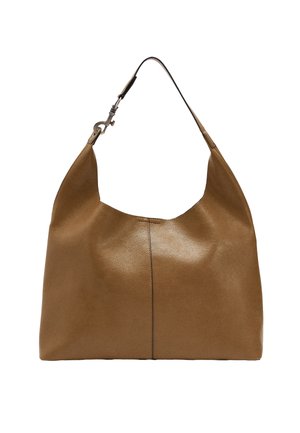 Brązowa skórzana torba na ramię z pojedynczym regulowanym paskiem i metalowym zapięciem, charakteryzująca się eleganckim, minimalistycznym designem.