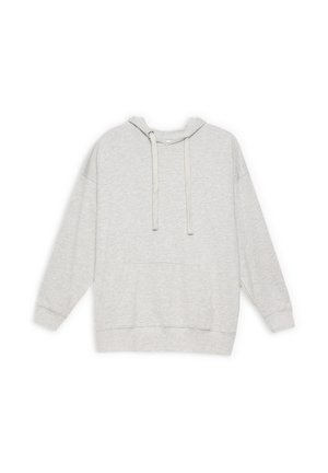 Sudadera con capucha de color gris claro con bolsillo canguro frontal, capucha con cordón y mangas largas sobre un fondo blanco.