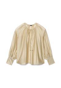 Cremefarbenes Satin-Bluse mit gerafftem Rundhalsausschnitt, Kordelzug, langen Puffärmeln und Bündchen an den Handgelenken. Glatte Textur und lockere Passform.