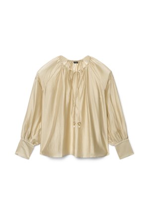 Cremefarbenes Satin-Bluse mit gerafftem Rundhalsausschnitt, Kordelzug, langen Puffärmeln und Bündchen an den Handgelenken. Glatte Textur und lockere Passform.