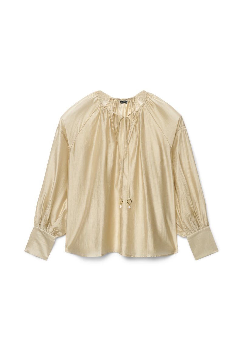 Cremefarbenes Satin-Bluse mit gerafftem Rundhalsausschnitt, Kordelzug, langen Puffärmeln und Bündchen an den Handgelenken. Glatte Textur und lockere Passform.