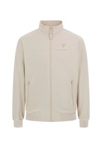 Beige, let jakke med høj krave, lynlås foran og to sidelommer. Features ribbede manchetter og kant. Minimalistisk design med logodetalje.