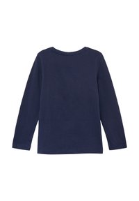 Marineblaues Langarm-T-Shirt mit Rundhalsausschnitt und genähtem Saum. Hergestellt aus weichem, strukturiertem Stoff, in einfarbiger Ausführung ohne Muster.