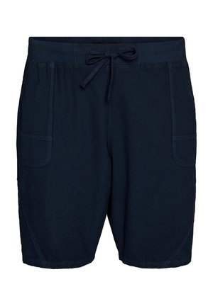 Granatowe, casualowe szorty z ściągaczem w talii i dwoma przednimi naszywanymi kieszeniami.