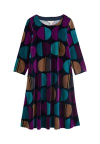 Langarmkleid aus weichem Stoff, mit einem bunten, kreisförmigen Muster in Lila, Türkis, Braun und Schwarz, und einem runden Halsausschnitt.