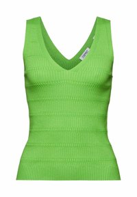 Zielony prążkowany top na ramiączkach z głębokim dekoltem w serek, dopasowanym krojem i fakturowanymi poziomymi paskami. Metka informuje "ESPRIT."