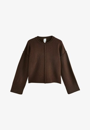Maglione a maniche lunghe di colore marrone scuro con collo girocollo, ampi polsini a costine, spalle scese e una cucitura centrale che corre verticalmente sul davanti.