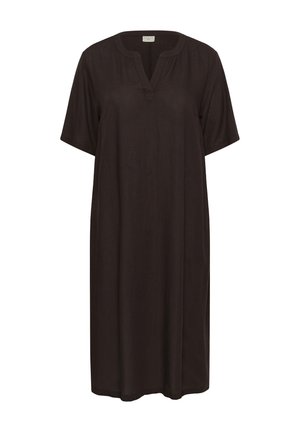 Robe noire ample jusqu'aux genoux avec manches courtes et encolure arrondie entaillée, fabriquée en tissu léger.