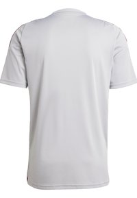 Short-sleeve sports shirt made of smooth, lightweight fabric in light gray, featuring red accents along the shoulders and a crew neckline.