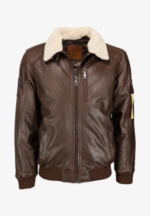 Bruine leren bomberjack met een nep-shearling kraag, geribde manchetten en tailleband. Bevat meerdere ritszakken en een patch op de mouw.