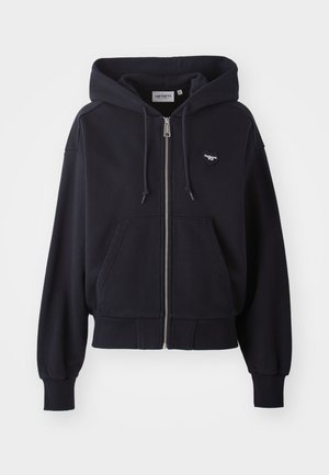 Marineblauwe rits hoodie van zacht materiaal, voorzien van een kangoeroezak, geribbelde manchetten en een klein hartvormig logo op de borst.