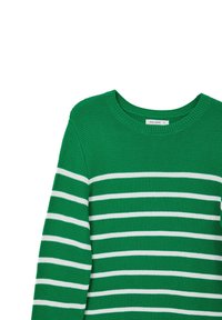 Grüner Strickpullover mit weißen horizontalen Streifen, Rundhalsausschnitt und gerippten Bündchen, der ein strukturiertes Muster aufweist.