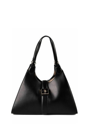 Schwarze, dreieckige Lederhandtasche mit zwei Griffen und einem vorderen Riemen mit kleinem metallischem Pferdeemblem.