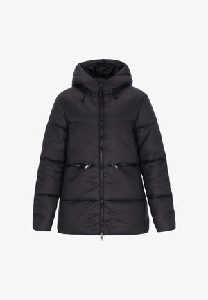 Sort pufferjakke med hætte, med frontlynlås, to vinklede lynlåslommer, quilted design og glat, shiny stof.