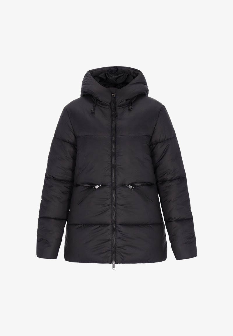 Čierna puffa bunda s kapucňou, ktorá má predný zips, dve šikmé vrecká so zipsom, prešívaný dizajn a hladkú, lesklú látku.