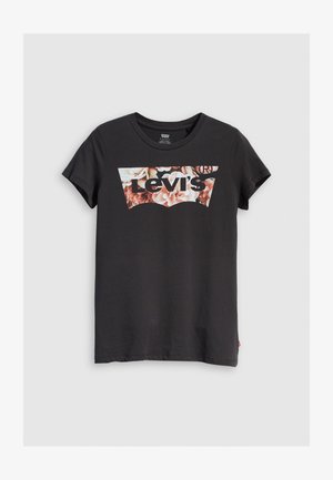 Black short-sleeve t-shirt with a Levi's logo featuring a floral pattern in shades of pink and brown inside the signature design.