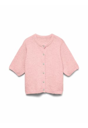 Cárdigan de punto rosa de manga corta con cuello redondo y seis botones delanteros, mostrado sobre fondo blanco.