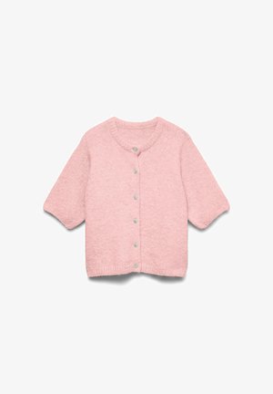 Pink short-sleeve knitted cardigan with round neckline and six front buttons, displayed on white background.