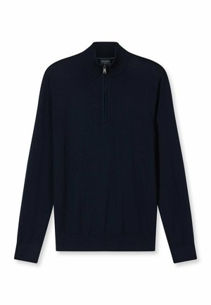 Marineblauwe pullover met halve rits gemaakt van een glad gebreide stof. Voorzien van lange mouwen en een geribbelde zoom en manchetten.