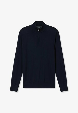 Marineblauwe pullover met halve rits gemaakt van een glad gebreide stof. Voorzien van lange mouwen en een geribbelde zoom en manchetten.