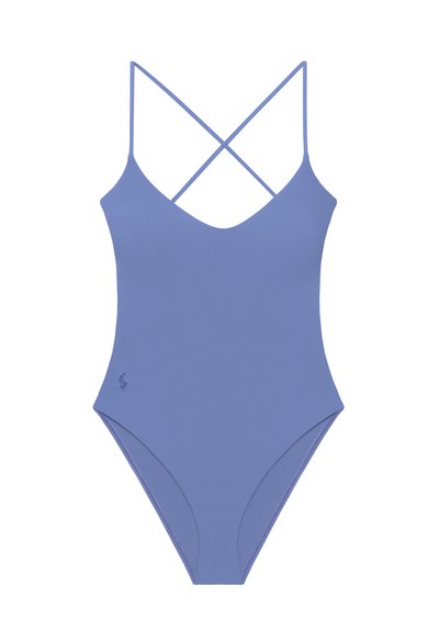 Ολόσωμο μαγιό βιολετί με λεπτούς σταυρωτούς ώμους και μικρό κεντημένο λογότυπο στο αριστερό ισχίο.