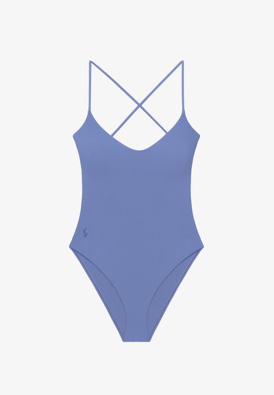 Ολόσωμο μαγιό βιολετί με λεπτούς σταυρωτούς ώμους και μικρό κεντημένο λογότυπο στο αριστερό ισχίο.