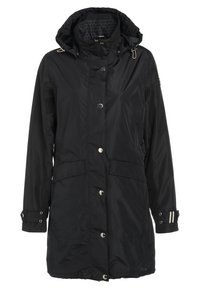 Parka impermeabile nera con cappuccio, accessori argentati, due tasche frontali, polsini regolabili e fodera interna con motivo.