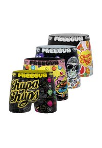 Boxers pour hommes colorés avec des motifs vibrants, des logos et des graphiques. Les matériaux incluent probablement un mélange de coton avec des ceintures élastiques.