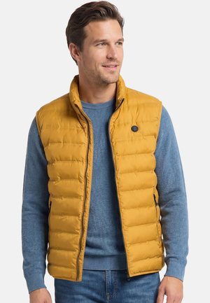 Homme portant une veste matelassée jaune moutarde par-dessus un pull bleu, regardant légèrement vers la droite, sur un fond clair uni.