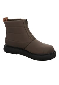 Brown synthetic ankle boot with quilted texture, zip closure, and contrasting orange pull tab. Features a thick black sole.