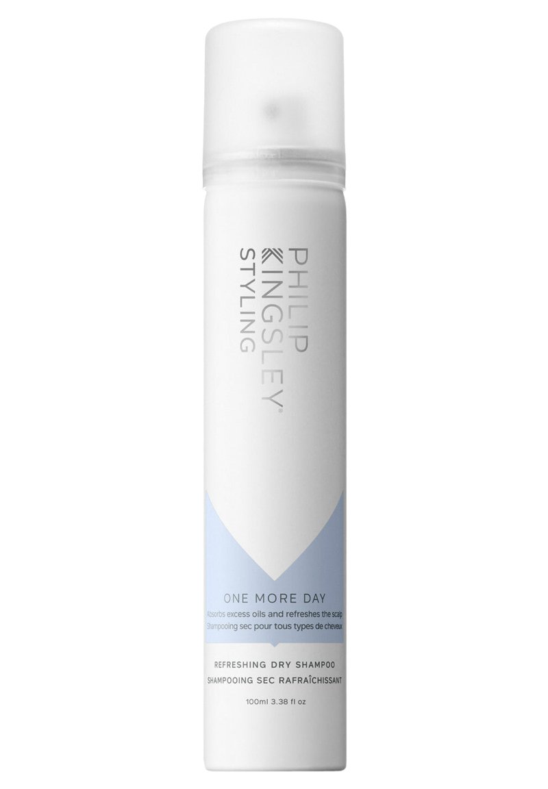 Weiße zylindrische Aerosoldose mit einem klaren Deckel. Verfügt über blaue dreieckige Akzente und grauen Text. Enthält 100 ml erfrischendes Trockenshampoo.