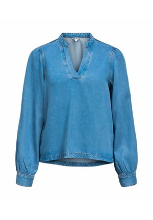 Blusa in denim azzurro chiaro a maniche lunghe con scollo a V con spacco e polsini arricciati, vestibilità leggermente ampia.